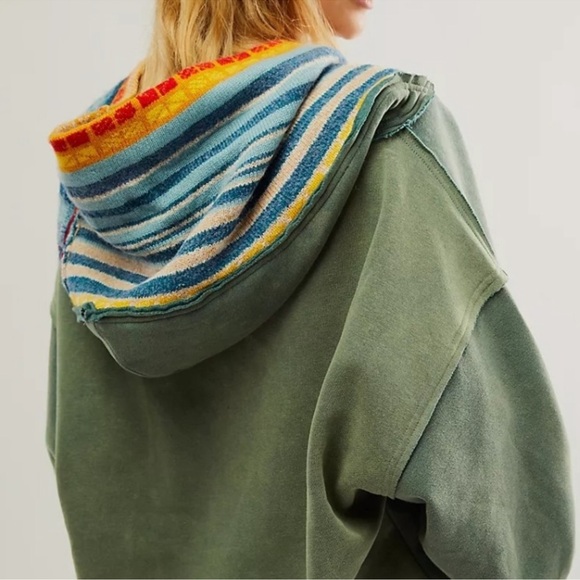 NWT Free People February Sweatshirt teal combo xL green sweater hood - Picture 3 of 5